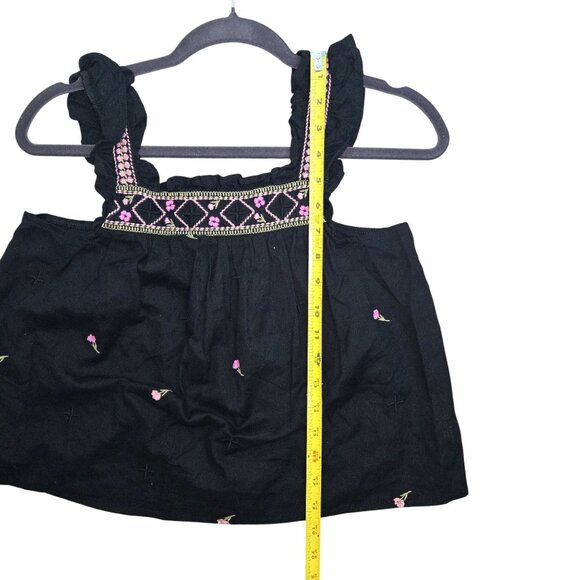 Black Floral Embroidered Sleeveless Top With Ruffle Straps & Geometric Bodice De - Picture 8 of 8